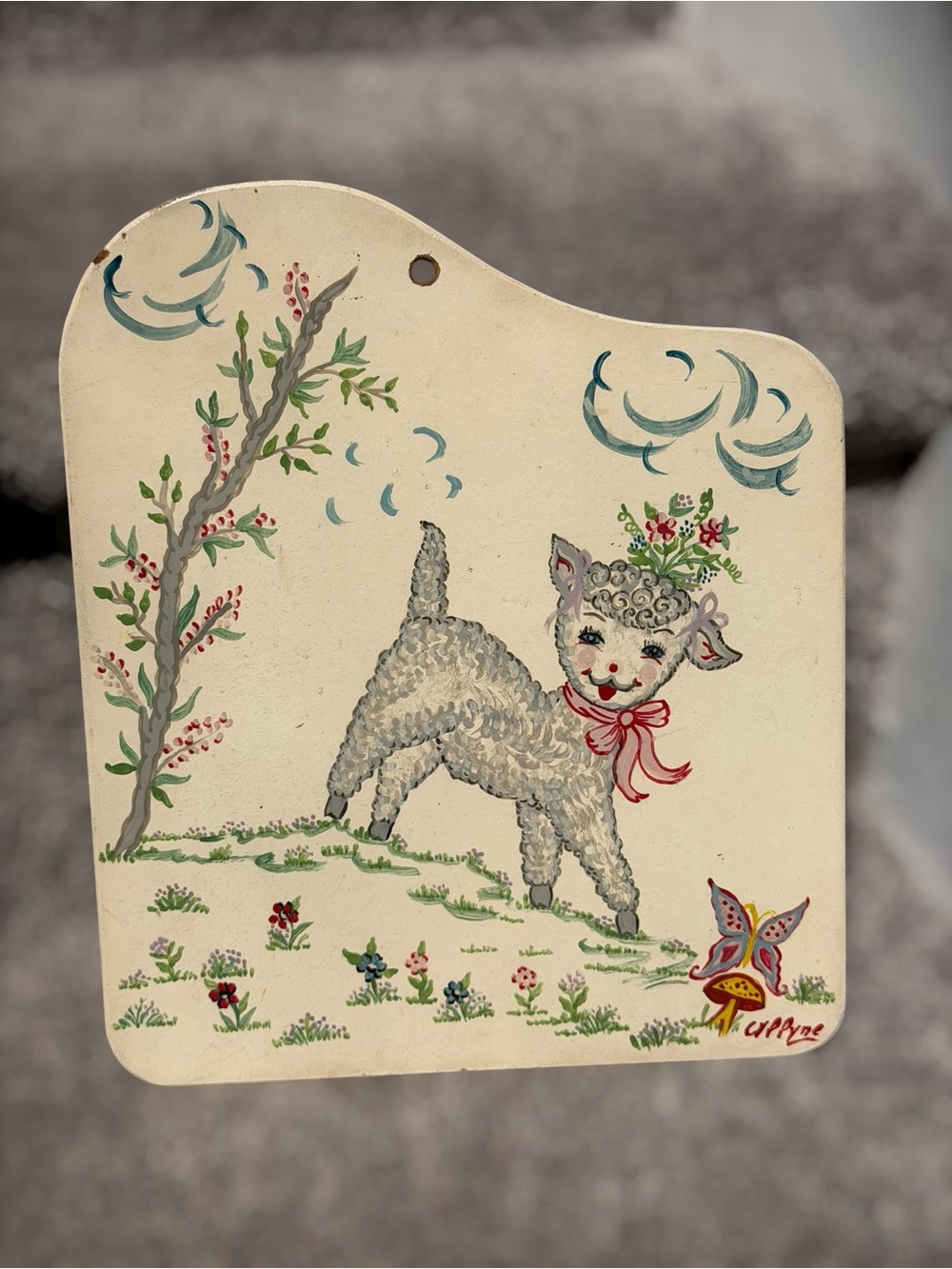 Vintage 50s Hand Painted Lamb Wall Hanging Cottagecore Farmhouse Folk Art Decor